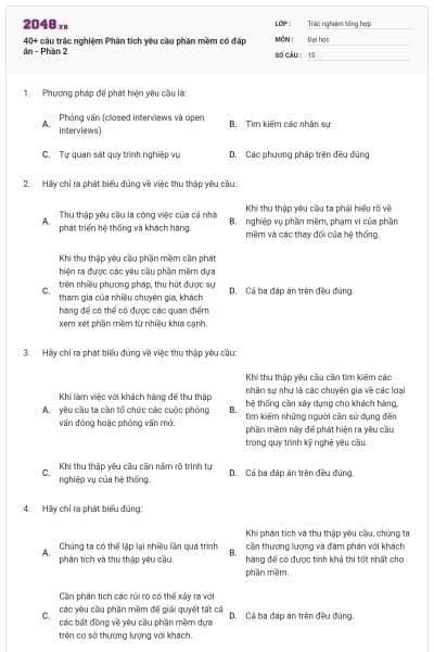 40+ câu trắc nghiệm Phân tích yêu cầu phần mềm có đáp án - Phần 2