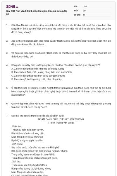 Giải SBT Ngữ văn 8 Cánh diều Xa ngắm thác núi Lư có đáp án