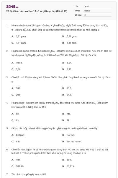 20 Bộ đề ôn tập Hóa Học 10 có lời giải cực hay (Đề số 13)