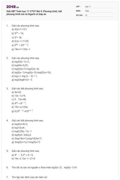 Giải SBT Toán học 11 CTST Bài 4: Phương trình, bất phương trình mũ và lôgarit có đáp án