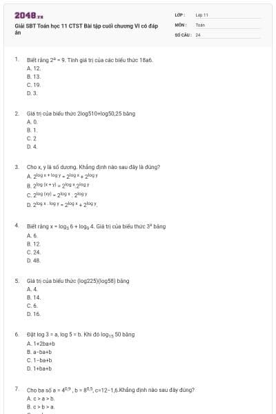Giải SBT Toán học 11 CTST Bài tập cuối chương VI có đáp án
