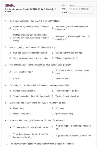 35 câu trắc nghiệm Chuyên đề KTPL 10 Bài 3: Gia đình có đáp án
