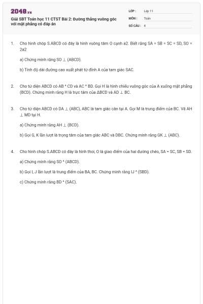 Giải SBT Toán học 11 CTST Bài 2: Đường thẳng vuông góc với mặt phẳng có đáp án