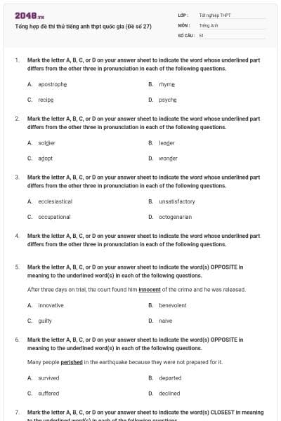 Tổng hợp đề thi thử tiếng anh thpt quốc gia (Đề số 27)