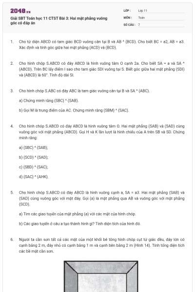 Giải SBT Toán học 11 CTST Bài 3: Hai mặt phẳng vuông góc có đáp án