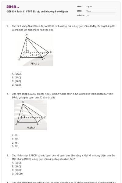 Giải SGK Toán 11 CTST Bài tập cuối chương 8 có đáp án