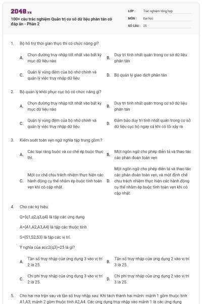 100+ câu trắc nghiệm Quản trị cơ sở dữ liệu phân tán có đáp án - Phần 2