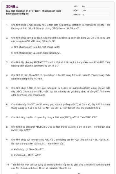Giải SBT Toán học 11 CTST Bài 4: Khoảng cách trong không gian có đáp án