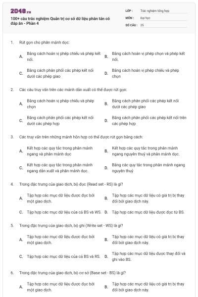100+ câu trắc nghiệm Quản trị cơ sở dữ liệu phân tán có đáp án - Phần 4