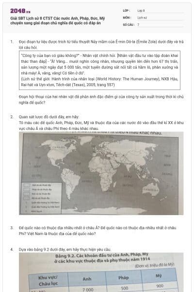 Giải SBT Lịch sử 8 CTST Các nước Anh, Pháp, Đức, Mỹ chuyển sang giai đoạn chủ nghĩa đế quốc có đáp án