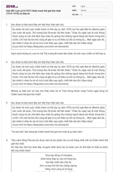 Giải SBT Lịch sử 8 CTST Chiến tranh thế giới thứ nhất (1914-1918) có đáp án