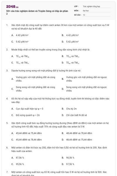 50+ câu trắc nghiệm Anten và Truyền Sóng có đáp án phần 2