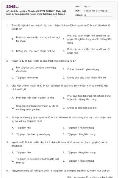 60 câu trắc nghiệm Chuyên đề KTPL 10 Bài 7: Pháp luật hình sự liên quan đến người chưa thành niên có đáp án