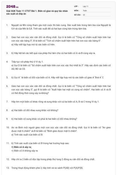 Giải SGK Toán 11 CTST Bài 1. Biến cố giao và quy tắc nhân xác suất có đáp án