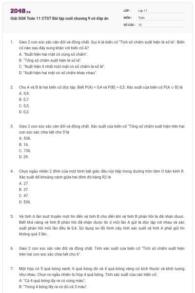 Giải SGK Toán 11 CTST Bài tập cuối chương 9 có đáp án