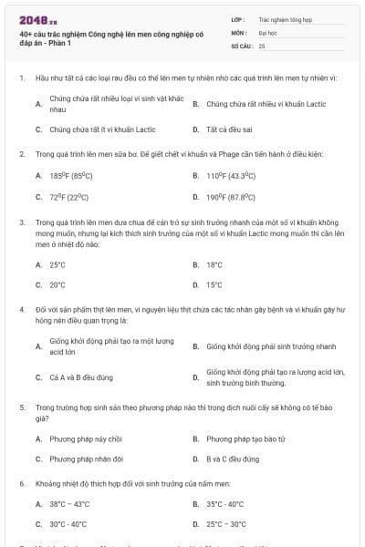 40+ câu trắc nghiệm Công nghệ lên men công nghiệp có đáp án - Phần 1