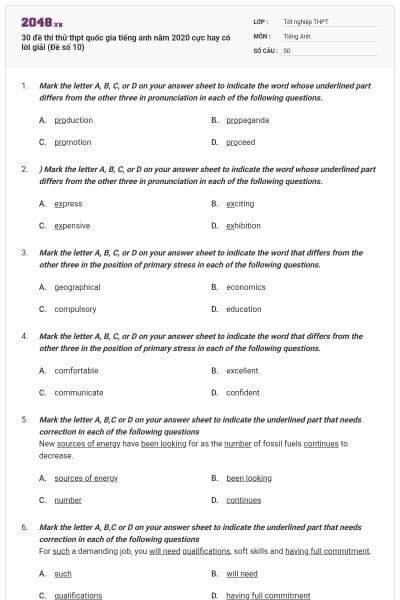 30 đề thi thử thpt quốc gia tiếng anh năm 2020 cực hay có lời giải (Đề số 10)