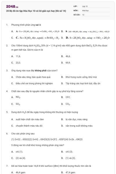 20 Bộ đề ôn tập Hóa Học 10 có lời giải cực hay (Đề số 14)