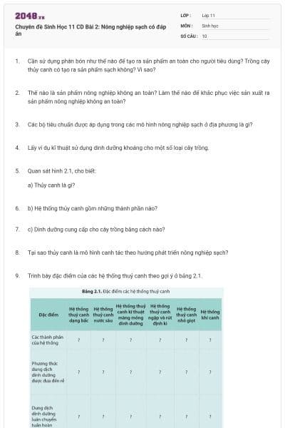 Chuyên đề Sinh Học 11 CD Bài 2: Nông nghiệp sạch có đáp án