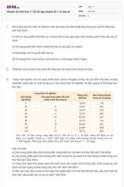 Chuyên đề Sinh Học 11 CD Ôn tập chuyên đề 1 có đáp án