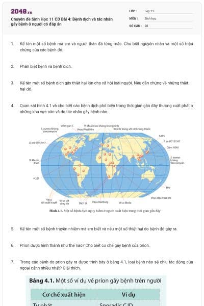 Chuyên đề Sinh Học 11 CD Bài 4: Bệnh dịch và tác nhân gây bệnh ở người có đáp án