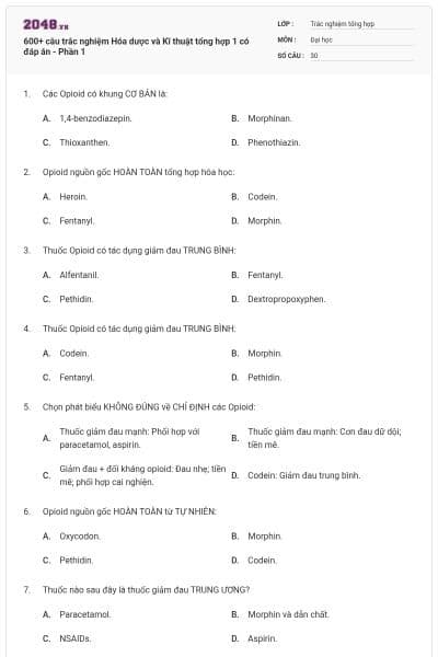 600+ câu trắc nghiệm Hóa dược và Kĩ thuật tổng hợp 1 có đáp án - Phần 1