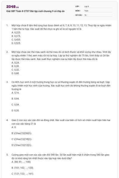 Giải SBT Toán 8 CTST Bài tập cuối chương 9 có đáp án