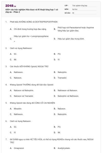 600+ câu trắc nghiệm Hóa dược và Kĩ thuật tổng hợp 1 có đáp án - Phần 2