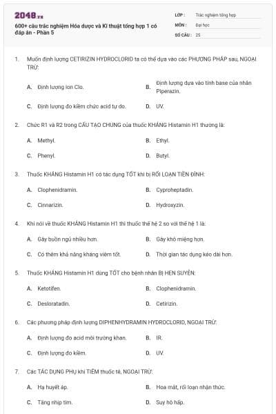 600+ câu trắc nghiệm Hóa dược và Kĩ thuật tổng hợp 1 có đáp án - Phần 5