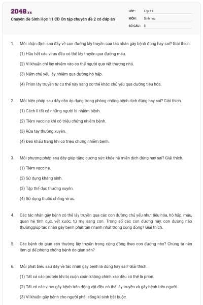 Chuyên đề Sinh Học 11 CD Ôn tập chuyên đề 2 có đáp án