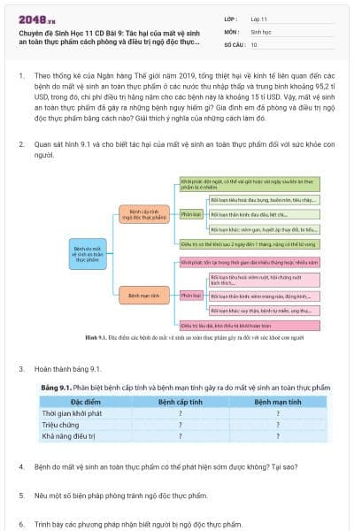 Chuyên đề Sinh Học 11 CD Bài 9: Tác hại của mất vệ sinh an toàn thực phẩm cách phòng và điều trị ngộ độc thực phẩm có đáp án