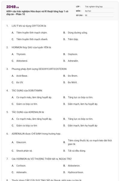 600+ câu trắc nghiệm Hóa dược và Kĩ thuật tổng hợp 1 có đáp án - Phần 10