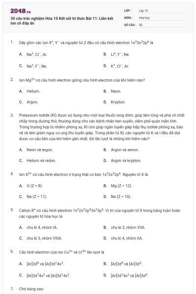 30 câu trắc nghiệm Hóa 10 Kết nối tri thức Bài 11: Liên kết ion có đáp án