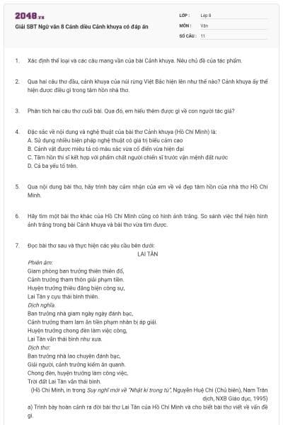 Giải SBT Ngữ văn 8 Cánh diều Cảnh khuya có đáp án