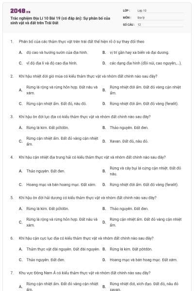 Trắc nghiệm Địa Lí 10 Bài 19 (có đáp án): Sự phân bố của sinh vật và đất trên Trái Đất
