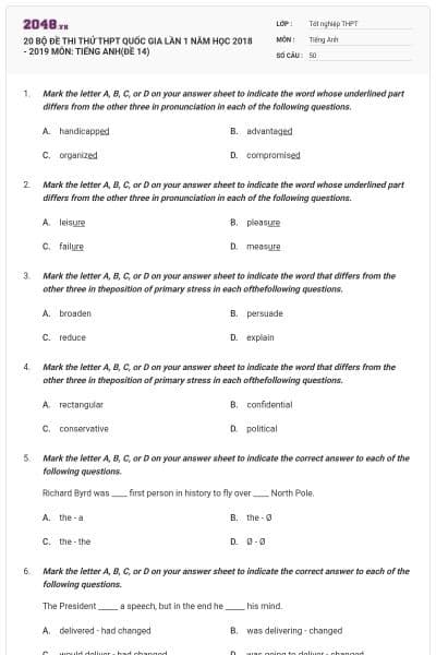 20 BỘ ĐỀ THI THỬ THPT QUỐC GIA LẦN 1 NĂM HỌC 2018 - 2019 MÔN: TIẾNG ANH(ĐỀ 14)