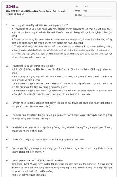 Giải SBT Ngữ văn 8 Cánh diều Quang Trung đại phá quân Thanh có đáp án