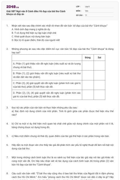 Giải SBT Ngữ văn 8 Cánh diều Vẻ đẹp của bài thơ Cảnh khuya có đáp án