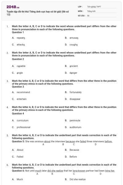 Tuyển tập đề thi thử Tiếng Anh cực hay có lời giải (Đề số 13)