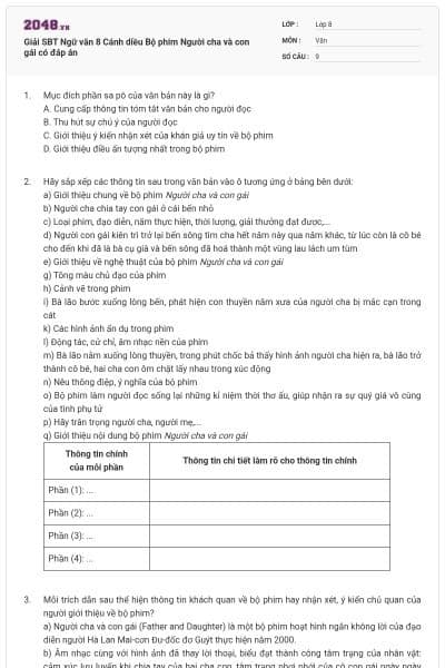 Giải SBT Ngữ văn 8 Cánh diều Bộ phim Người cha và con gái có đáp án