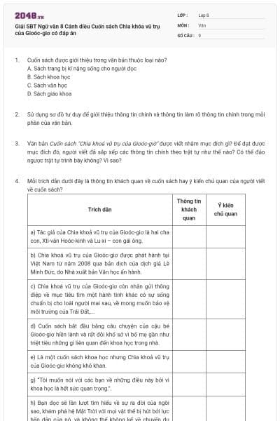 Giải SBT Ngữ văn 8 Cánh diều Cuốn sách Chìa khóa vũ trụ của Gioóc-giơ có đáp án