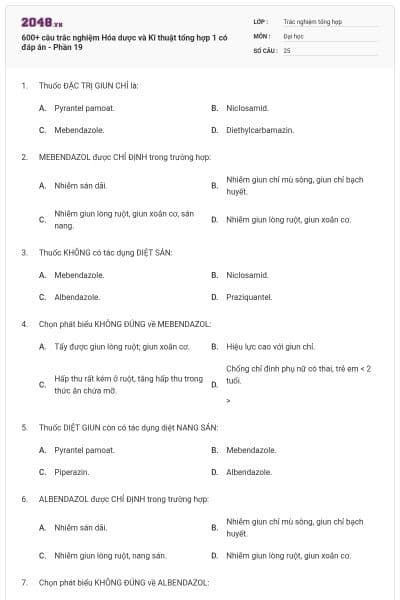 600+ câu trắc nghiệm Hóa dược và Kĩ thuật tổng hợp 1 có đáp án - Phần 19