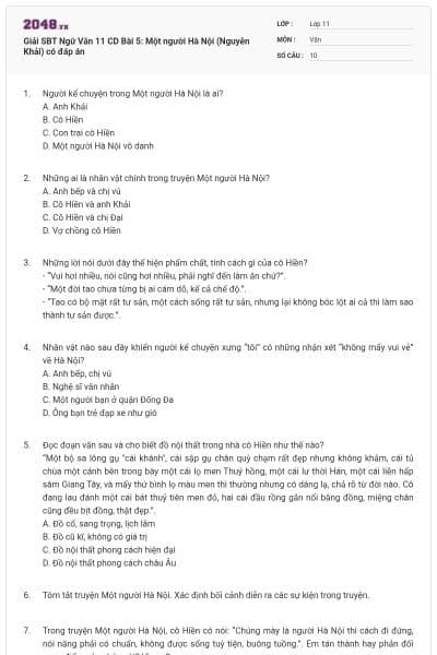 Giải SBT Ngữ Văn 11 CD Bài 5: Một người Hà Nội (Nguyễn Khải) có đáp án