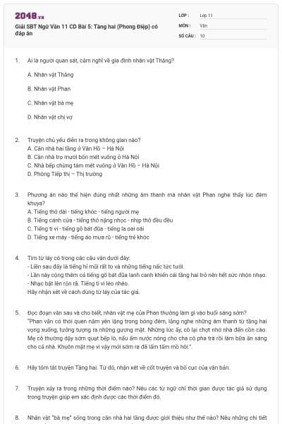 Giải SBT Ngữ Văn 11 CD Bài 5: Tầng hai (Phong Điệp) có đáp án