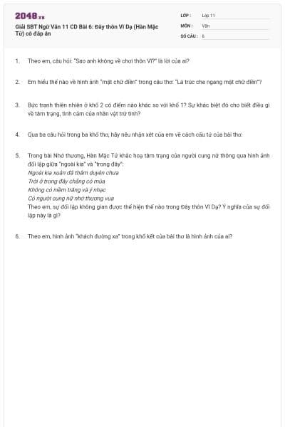 Giải SBT Ngữ Văn 11 CD Bài 6: Đây thôn Vĩ Dạ (Hàn Mặc Tử) có đáp án