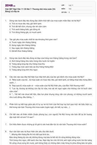 Giải SBT Ngữ Văn 11 CD Bài 7: Thương nhớ mùa xuân (Vũ Bằng) có đáp án