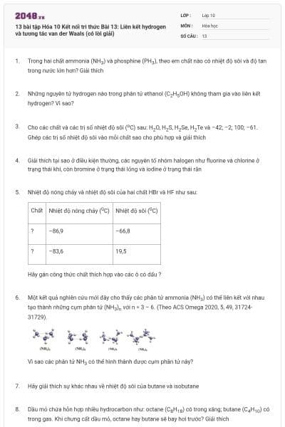 13 bài tập Hóa 10 Kết nối tri thức Bài 13: Liên kết hydrogen và tương tác van der Waals (có lời giải)