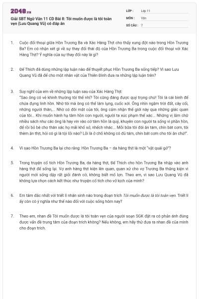 Giải SBT Ngữ Văn 11 CD Bài 8: Tôi muốn được là tôi toàn vẹn  (Lưu Quang Vũ) có đáp án