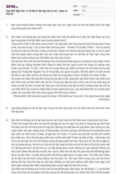 Giải SBT Ngữ Văn 11 CD Bài 8: Bài tập viết và nói - nghe có đáp án