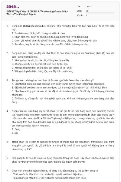 Giải SBT Ngữ Văn 11 CD Bài 9: Tôi có một giấc mơ (Mác-Tin Lu-Thơ Kinh) có đáp án